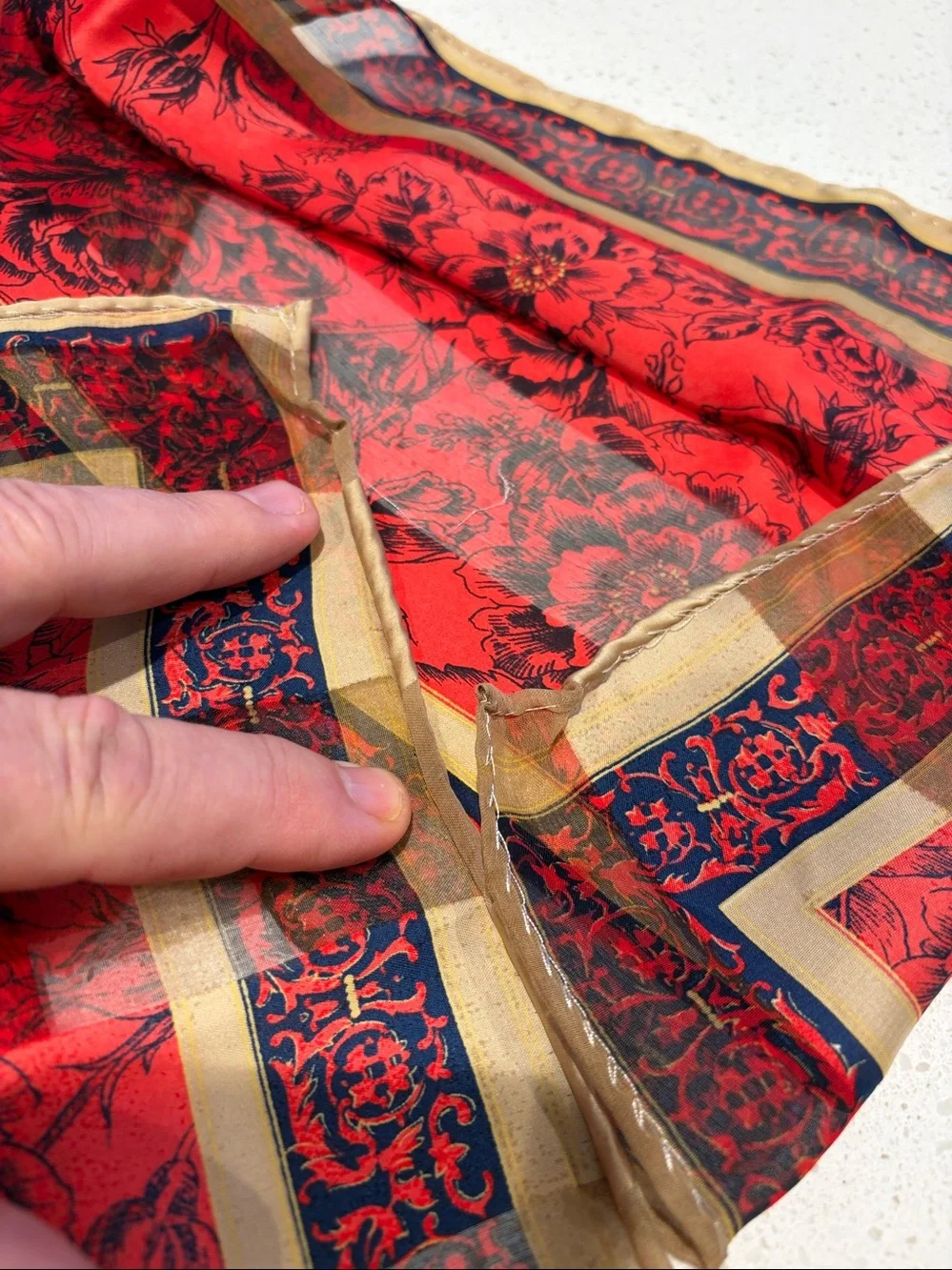 Vintage Red Silk Floral Border Women's Scarf.